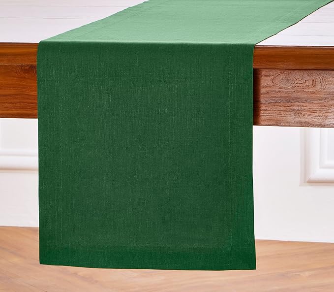 Solino Home Linen Pine Green Table Runner 90 Inches Long - 100% Pure Linen 14 x 90 Inch Table Runner for Fall, Autumn, Thanksgiving - Fete
