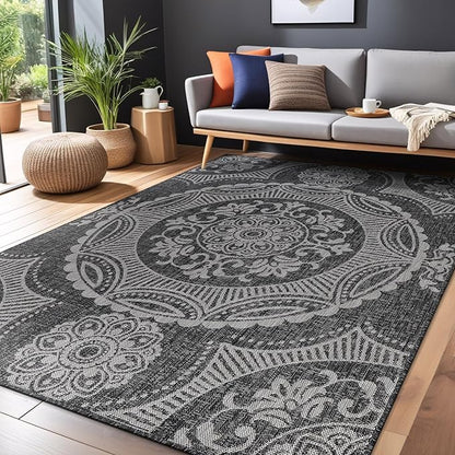 Medallion Outdoor Rug 6x9 Washable Outside Carpet for Indoor Patio Porch Waterproof Easy Cleaning Non Shedding Area Rugs Dark Gray 6 x 9