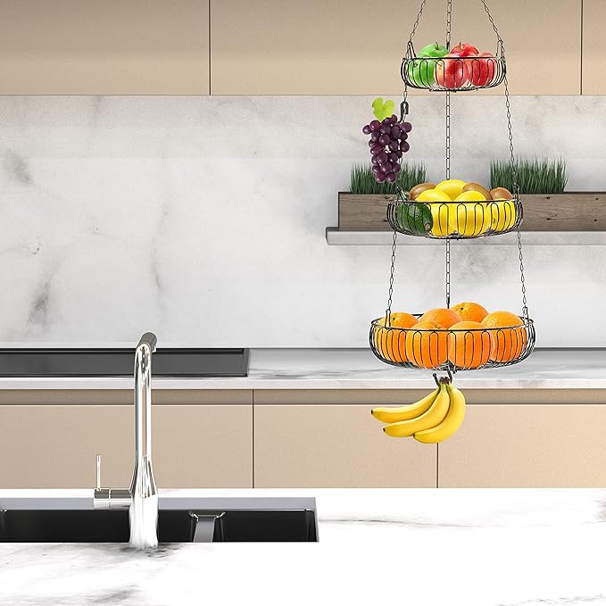 Simple Houseware Adjustable Metal Hanging Fruit Basket, Oblate, Black, 11" W x 11" L x 30" H