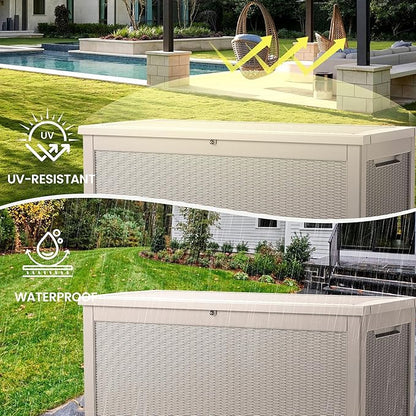 260 Gallon Storage Box, Waterproof Resin Deck Box with Steel Support & Hydraulic Rod, Lockable Storage Bench for Indoor & Outdoor Use, Storage Bin for Patio Cushions, Garden Tools, Grey