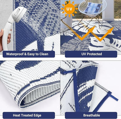 GAOMON Waterproof Plastic Straw Rug 9x12 Outdoor Patio Rugs, Reversible Modern Camping Mat with Bag & Stakes, UV Resistant & Easy to Clean Outdoor Carpet for RV, Deck, Balcony, Blue