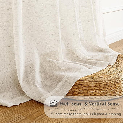FMFUNCTEX Linen Sheer Pinch Pleated Curtains for Living Room, Linen Flax Beige 84 Inches Long Sheer Curtain See Through Panels for Bedroom, Natural Window Drapes for Farmhouse, Rod Pocket 2 Panels
