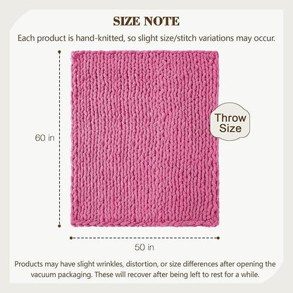 Carriediosa Chunky Knit Throw Blanket 50" X 60", 100% Hand Made Large Chenille Loop Yarn Soft Fluffy Throws for Couch Sofa Bed, Big Crochet Cozy Heavy Thick Cable Woven Blankets, Hot Pink