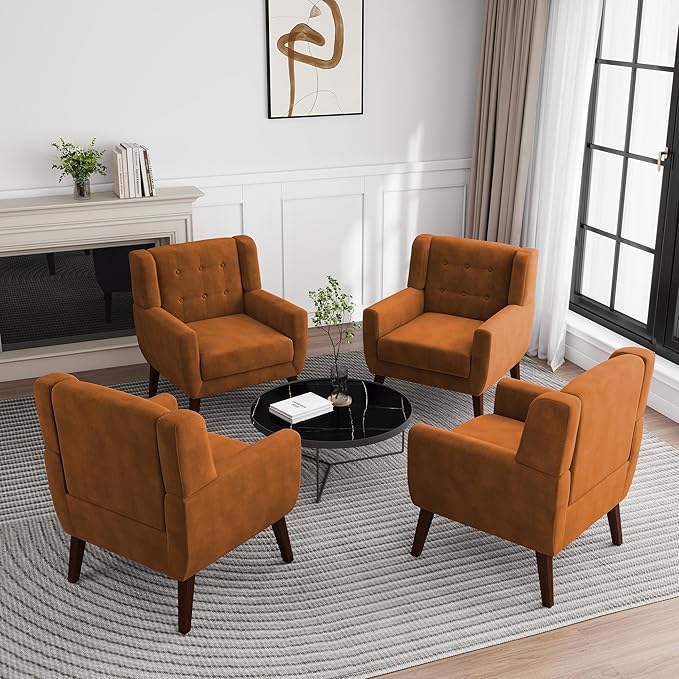 UIXE Accent Chair, Velvet Upholstered Armchair for Living Room, Modern Club Arm Chairs Comfy Single Sofa Button Tufted Bedroom Reading Seat - Orange, Set of 4