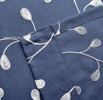 MIUCO Floral Embroidered Semi Sheer Curtains Faux Linen Grommet Curtains for Bedroom 52 x 84 Inch 2 Panels, Navy Blue