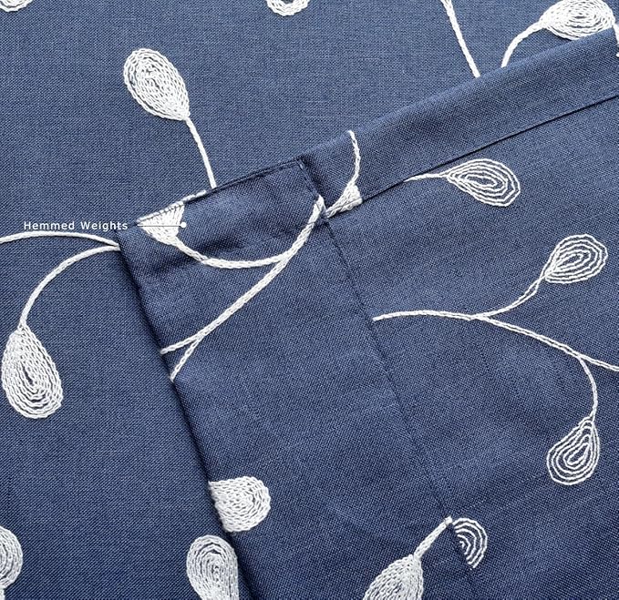 MIUCO Floral Embroidery Semi Sheer Curtains Faux Linen Grommet Window Curtains for Living Room 52 x 63 Inch 2 Panels, Navy Blue