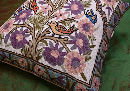 Tree of Life Pillow Cover Lavender Floral Pillowcase Botanical Flower Pillows Plants Farmhouse Traditional Chair Cushions Needlepoint Hand Embroidered Wool Size - 18x18