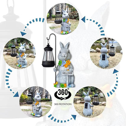Rabbit Solar Lights Lantern Garden Statues with Succulent and 4 LED Lights - Outdoor Bunny Welcome Figurines Decorations for Patio Yard Lawn Ornaments Gifts for Birthday Easter Housewarming
