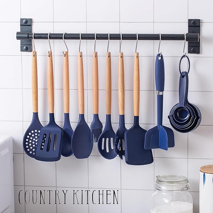 Country Kitchen Non Stick Silicone Utensil Set with Rounded Wood Handles for Cooking and Baking, 38 Piece Set, Navy