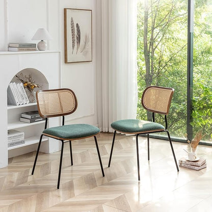 Rattan Dining Chairs Set of 2, Mid Century Modern Dining Chairs with Cane Back for Kitchen Dining Room, 19 Inch Fabric Green