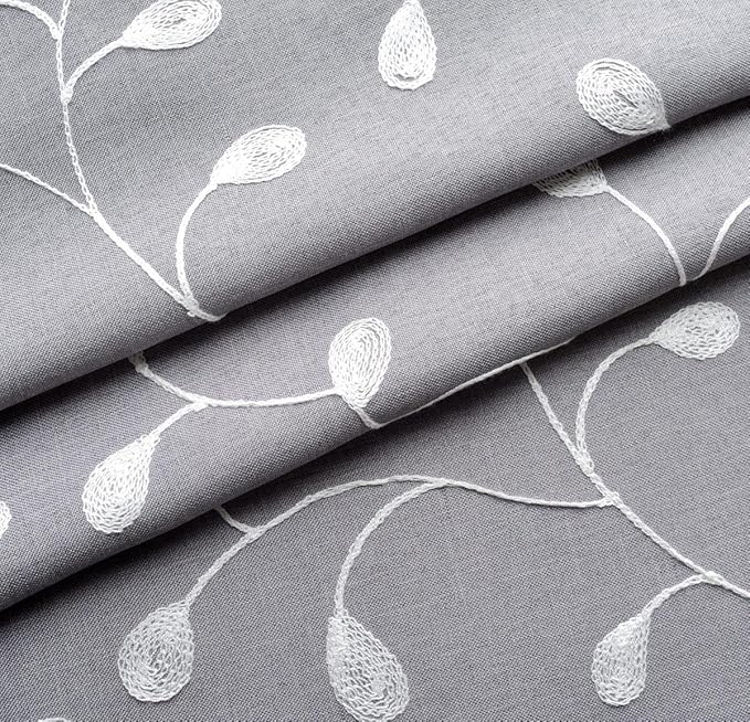 MIUCO Floral Embroidery Semi Sheer Curtains Faux Linen Grommet Curtains for Bedroom 52 x 63 Inch 2 Panels, Grey
