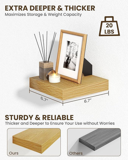 Marsmiles 6.7" Floating Shelves for Wall, Wooden Shelves with Invisible Brackets Set of 2, Rustic Farmhouse Wall Mounted Shelf for Kitchen Bathroom Living Room Study, Natural Oak
