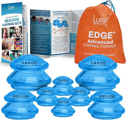 Lure Essentials Edge Silicone Cupping Set, Cupping Kit for Massage Therapy, Long Lasting Cups for Professional & Home Use, Body Sculpt Cup for Cellulite, Ultra Transparent Blue (8 Count)