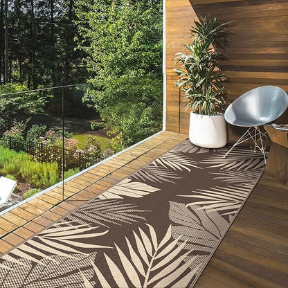 GENIMO Outdoor Rug 2.5' x 8' Waterproof for Patios Clearance, Reversible Outdoor Plastic Straw Camping Rug Carpet, Large Area Rugs Mats for RV, Camper, Deck, Balcony, Porch, Beach, Coffee&Beige