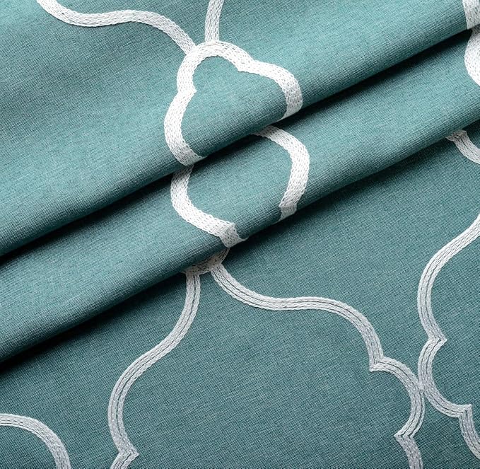 MIUCO Moroccan Embroidery Semi Sheers Curtain Faux Linen Grommet Window Curtains for Bedroom 52 x 95 Inch 2 Panels, Teal