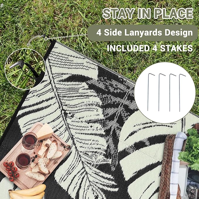 GAOMON Outdoor Rug Waterproof 9x18 Patio Rug Reversible Camping Mat, Foldable Portable Outdoor Plastic Straw Rugs RV Picnic Carpet with Bag & 4 Stakes, UV Resistant Outside Carpet for Deck Balcony