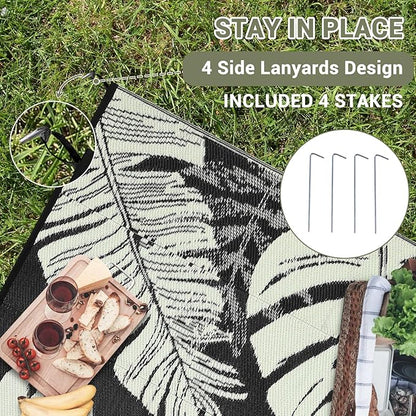 GAOMON Outdoor Rug Waterproof 9x18 Patio Rug Reversible Camping Mat, Foldable Portable Outdoor Plastic Straw Rugs RV Picnic Carpet with Bag & 4 Stakes, UV Resistant Outside Carpet for Deck Balcony