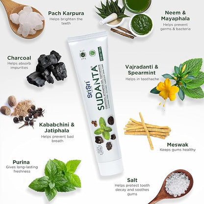 Sri Sri Tattva Sudanta Charcoal Toothpaste Gel – SLS, Fluoride Free Herbal Toothpaste with Neem & Ayurvedic Herbs – Natural Teeth Whitening, Fresh Breath, Oral & Gum Health – 100g Tube (Pack of 1)