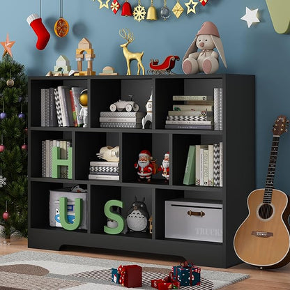 Book Shelf Set of 2, 10 Cubes Storage Organizer, 3-Tier Open Bookshelf Wooden Bookcase, Freestanding Black Bookshelf Cube Shelf for Bedroom, Living Room, Home Office