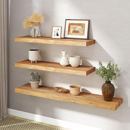 RICHFOCUS Elm Floating Shelves for Wall - 48" W x 9.3" D Rustic Solid Wood Shelves with Invisible Bracket, Wall-Mounted for Living Room, Bedroom, Kitchen Storage & Display, Set of 1, Natural