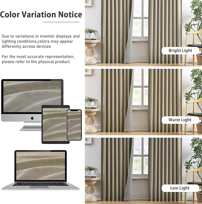 RAIN CITY Light Taupe Blackout Textured 90 Inch Long Linen Blend Curtain Draperies Back Tab with Hooks - Energy Saving Thermal Insulated Curtains for Living Room (2 Panels,W 50 x L 90 Inch)