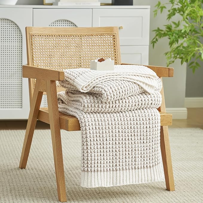 Amélie Home Chenille Waffle Throw Blanket for Couch, Reversible Pineapple Stitch Knit Soft Cozy Knit Blanket Lightweight Warm Decorative Throw for Sofa, Bed, Living Room, 60"x80", Beige&Ivory