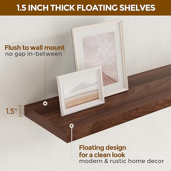 24 x 9 Floating Shelves, 9 Inch Deep Floating Shelf Wall Mounted, 24 Inch Bathroom Shelves Set of 2, Rustic Wood Wall Shelf for Bedroom, Living Room, Walnut Color