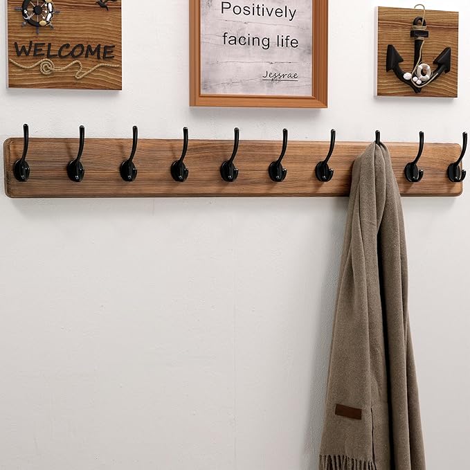 Dseap Wall Mounted Coat Rack: 38-1/4" Long, Patented, Heavy-Duty, 10-Double-Hooks Wooden Hanger Rail for Winter Coats, Hat, Jacket, Clothing - Natural & Black
