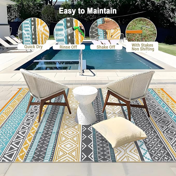 GAOMON Outdoor Plastic Straw Rug, 10'x20' Reversible Sage Green Patio Mat, Flower Modern Design for RV, Backyard, Deck, Camping, Picnic, Teal/Yellow(Bohemia)