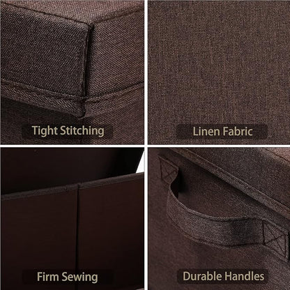 HOONEX Linen Foldable Storage Bins with Lids, 2 Pack, Storage Boxes with Carrying Handles and Sturdy Heavy Cardboard, 16.5" L x 11.8" W x 7.5" H for Shoes, Clothes, Brown