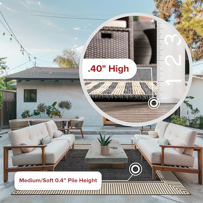 nuLOOM 9'6" x 12' Outdoor Area Rug, Casual Design With Striped Border, Stain Resistant, Highly Durable, For Patio, Balcony, Bedroom, Living Room, Dining Room, Bathroom, Dark Grey