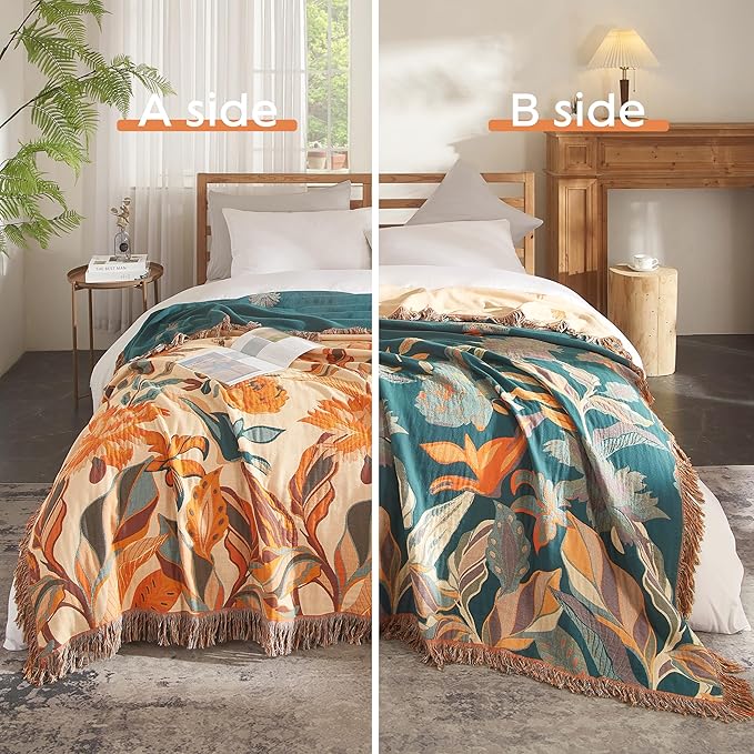 Boho Throw Blanket for Bed 80”x90”, 100% Cotton Woven Blanket for Couch Sofa, Ultra Soft 4-Layer Muslin Quilt with Floral Printed, Farmhouse Bed Blanket/Cover for Living Room Decor