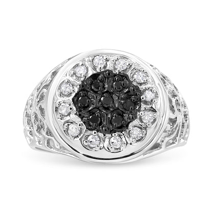 .925 Sterling Silver 1/4 Cttw White and Black Treated Diamond Halo Cluster Ring for Men (I-J Color, I3 Clarity) - Size 10