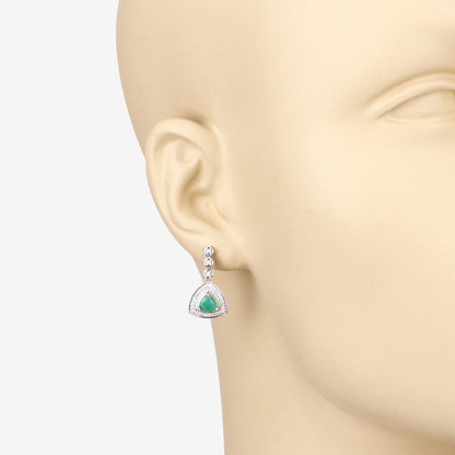 1.39 Carat Genuine Zambian Emerald and White Diamond 14K White Gold Earrings