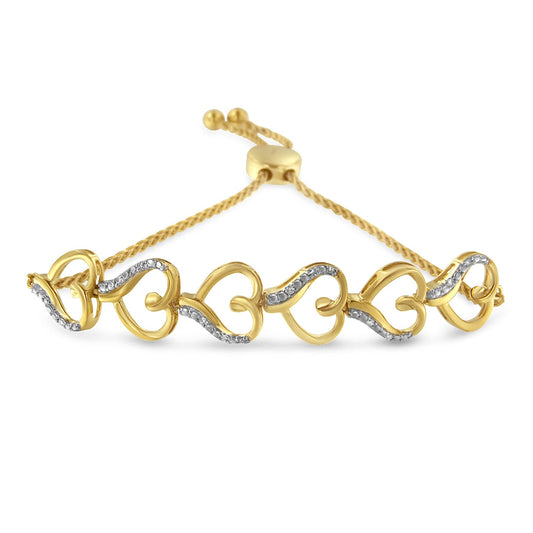 Bracelet bolo à chaîne réglable de 6 po à 9 po, en argent sterling .925 plaqué or jaune 10K, à cœurs ouverts et accent de diamants