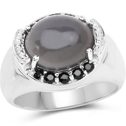 5.68 Carat Genuine Grey Moonstone & Black Spinel .925 Sterling Silver Ring