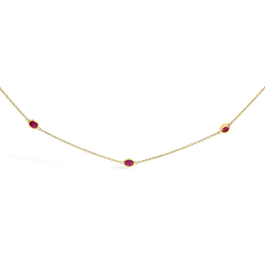Collier en or jaune 14 carats avec rubis rouge ovale 4x3 mm serti clos - 45 cm