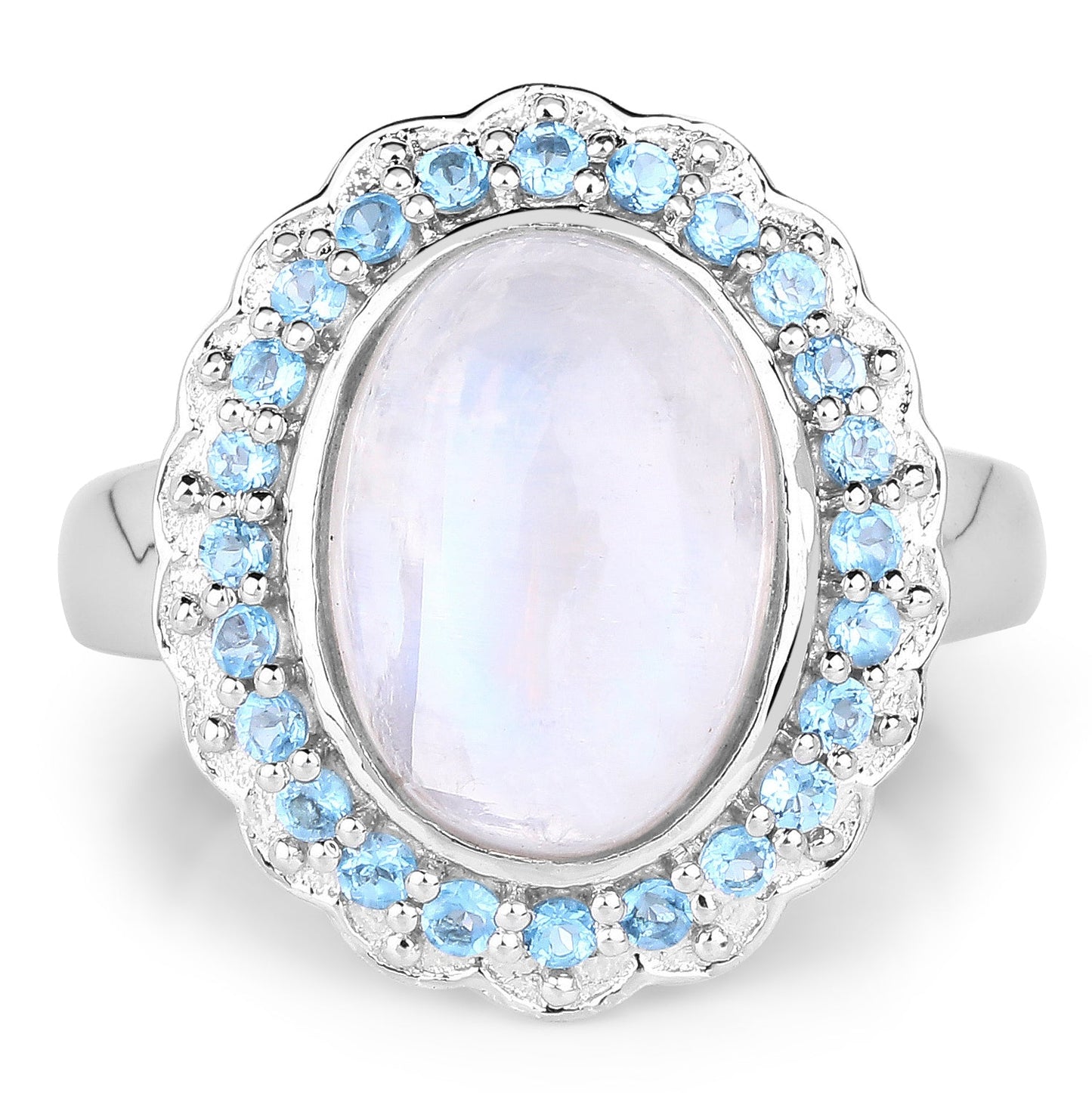 7.21 Carat Genuine White Rainbow Moonstone & Swiss Blue Topaz .925 Sterling Silver Ring
