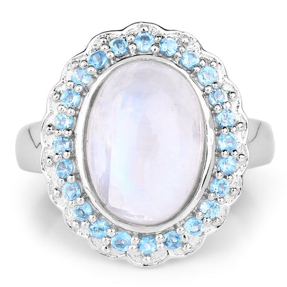 7.21 Carat Genuine White Rainbow Moonstone & Swiss Blue Topaz .925 Sterling Silver Ring
