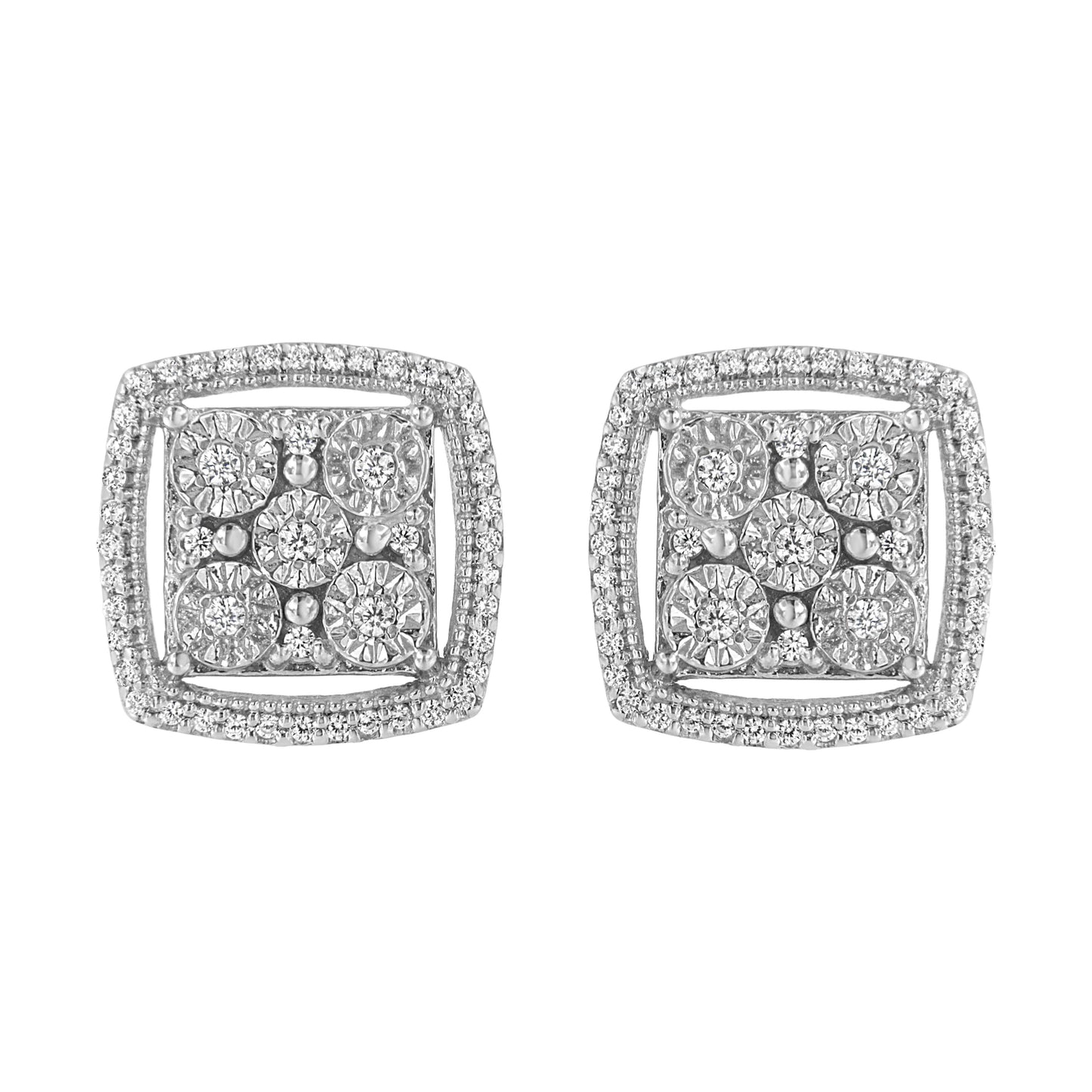 .925 Sterling Silver 3/8 Cttw Miracle Set Round Diamond Double Halo Cluster Earrings (I-J Color, I2-I3 Clarity)