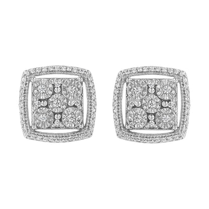 .925 Sterling Silver 3/8 Cttw Miracle Set Round Diamond Double Halo Cluster Earrings (I-J Color, I2-I3 Clarity)
