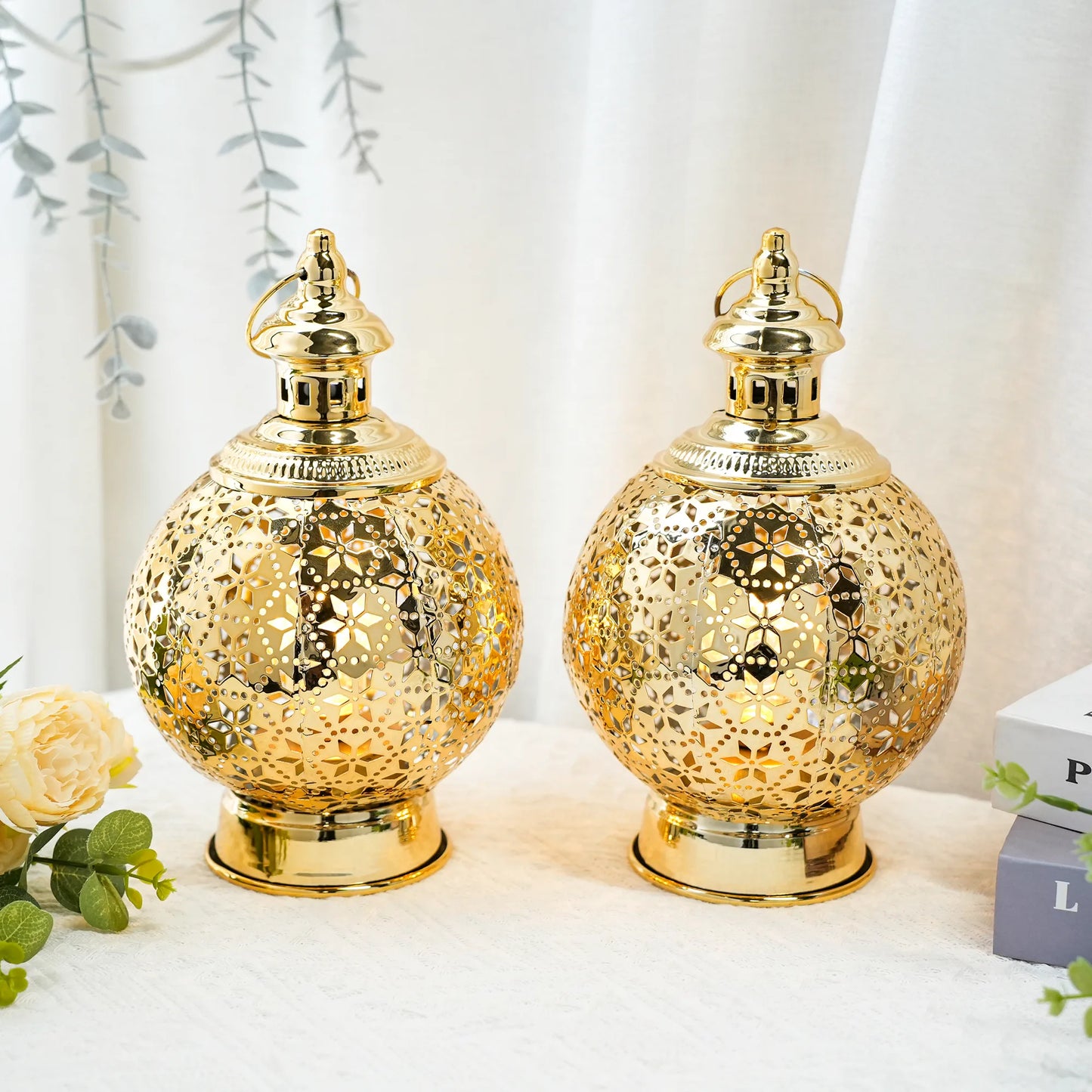 Metal Ramadan Lanterns 10" Gold Electric Candle Holders