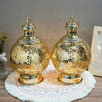 Metal Ramadan Lanterns 10" Gold Electric Candle Holders