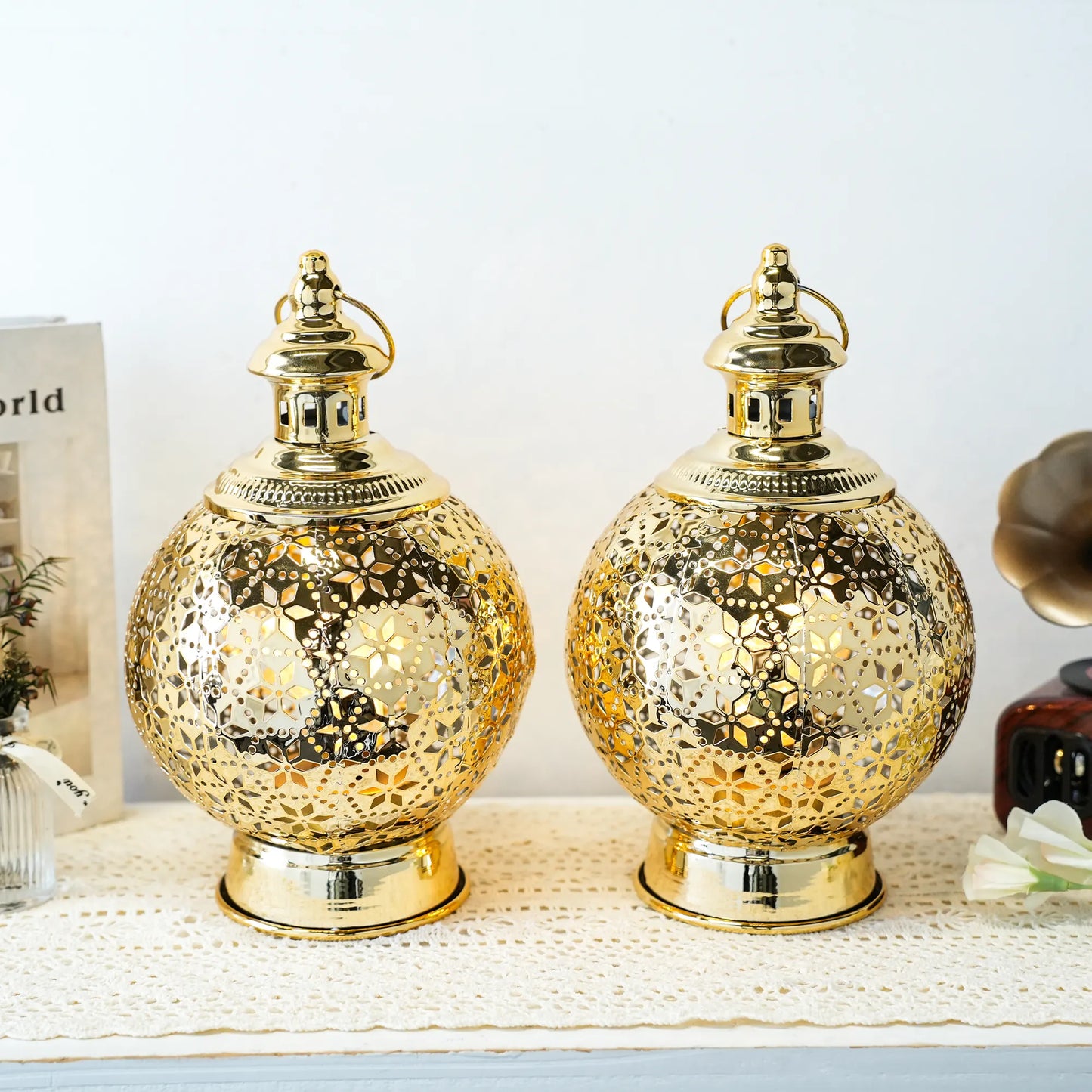 Metal Ramadan Lanterns 10" Gold Electric Candle Holders
