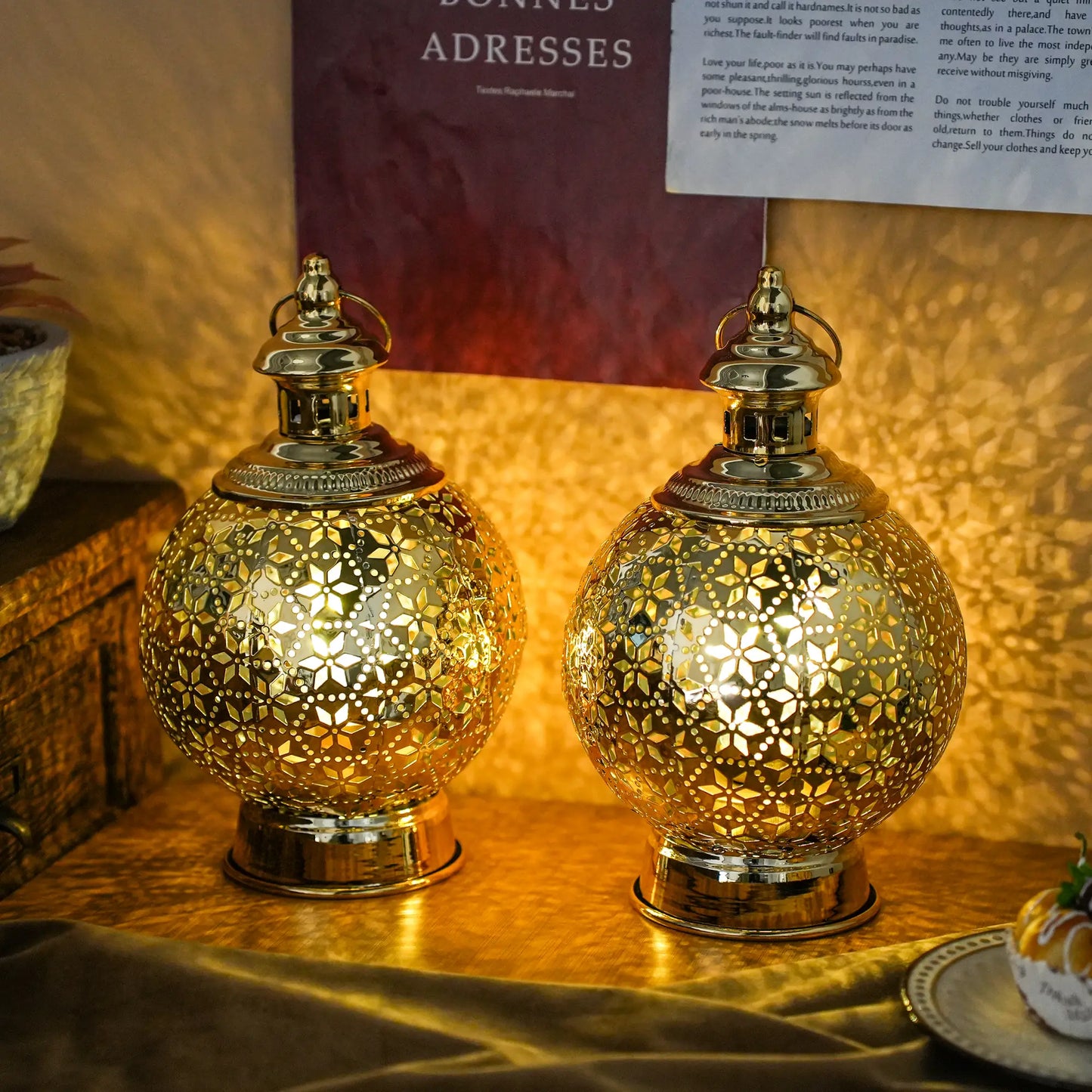 Metal Ramadan Lanterns 10" Gold Electric Candle Holders