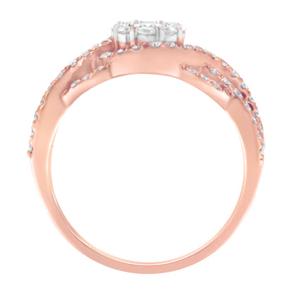 10K Rose Gold 3/4 Cttw Diamond Floral Cluster Head and Twisted Shank Cocktail  Ring (H-I Color, SI1-SI2 Clarity)- Size 7