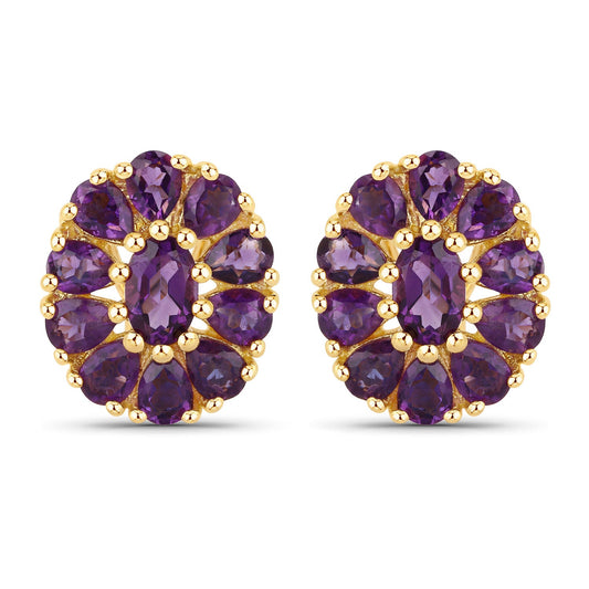 Boucles d'oreilles en argent sterling .925 plaqué or jaune 18 carats avec améthyste véritable de 3,84 carats