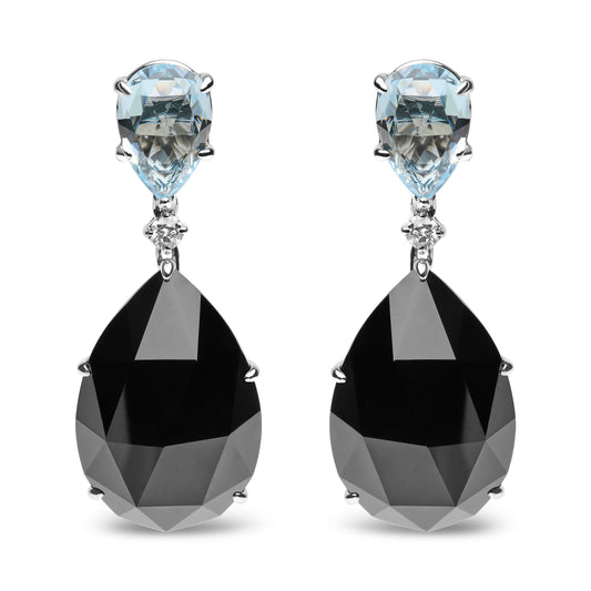Boucles d'oreilles pendantes en or blanc 18 carats avec diamants 0,20 carat, topaze bleue ciel taille poire et onyx noir taille poire (couleur G-H, clarté SI1-SI2)