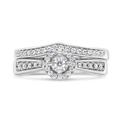 .925 Sterling Silver 1/3 Cttw Diamond Halo and Pave Shank Engagement Ring Set (I-J Color, I3 Clarity) - Ring Size 7