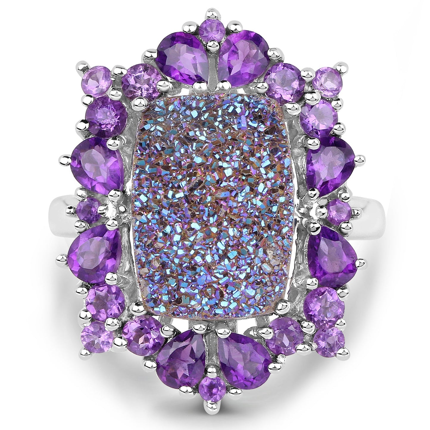 5.97 Carat Genuine Drusy Quartz and Amethyst .925 Sterling Silver Ring